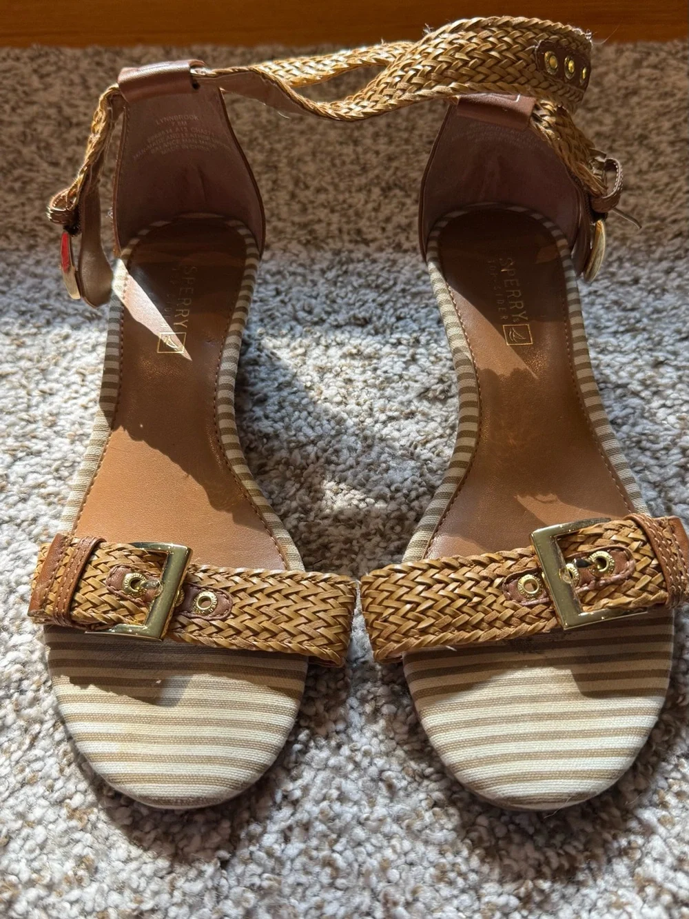 Sperry Tan Braided Wedge Cork Sandals with Ankle Strap 7.5
